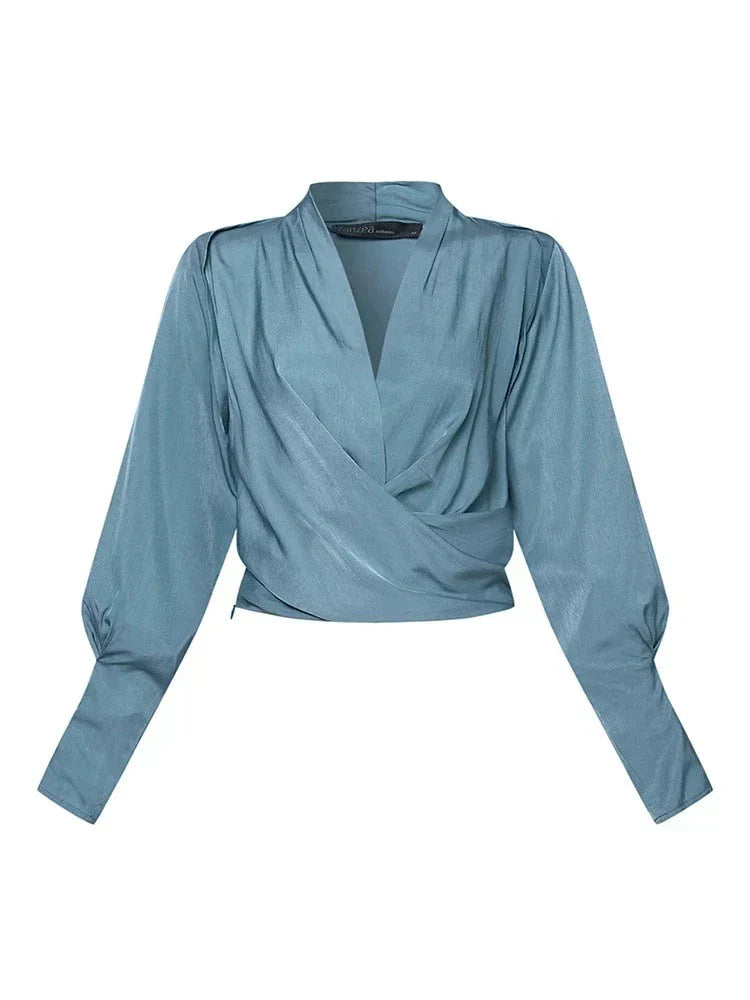 Isabelle - Satijnen V-hals Blouse Met Pofmouwen & Flatterende Taille