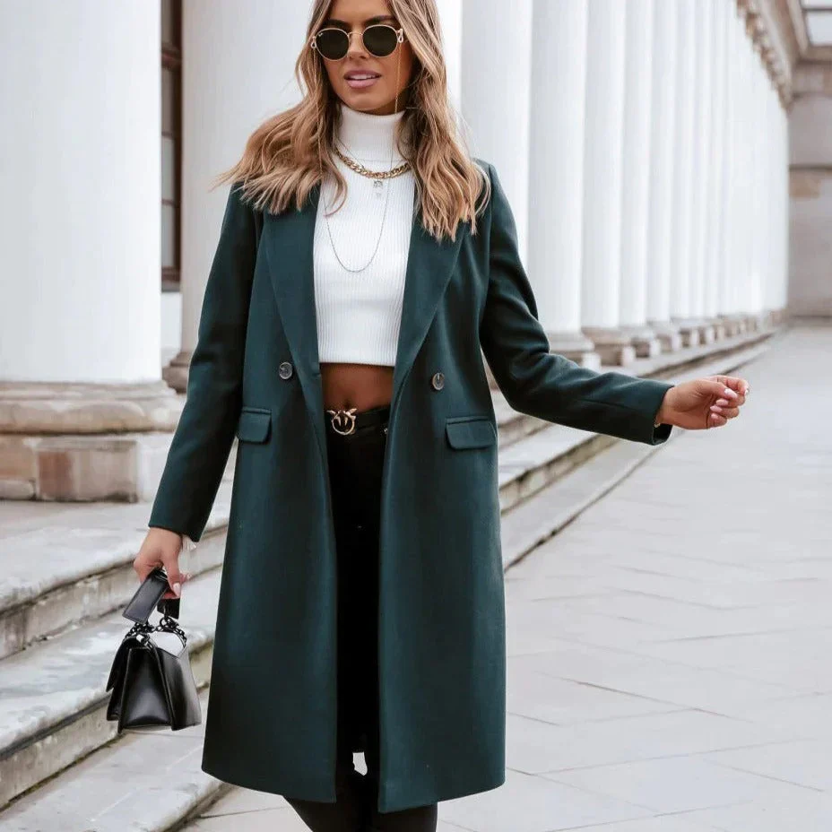 Elena – Lange Wollen Trenchcoat Met Revers En Dubbele Knopen