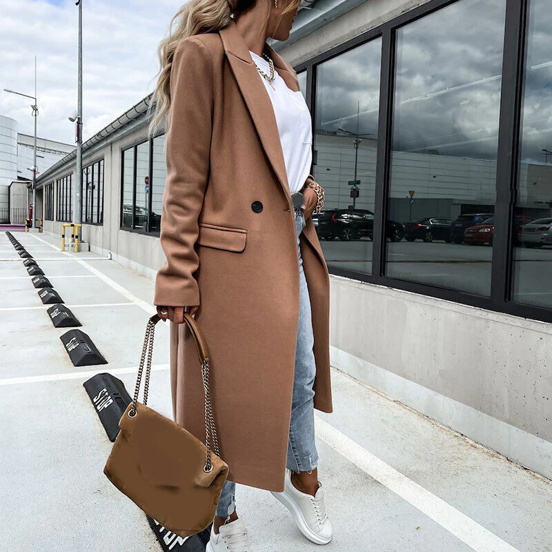 Elena – Lange Wollen Trenchcoat Met Revers En Dubbele Knopen