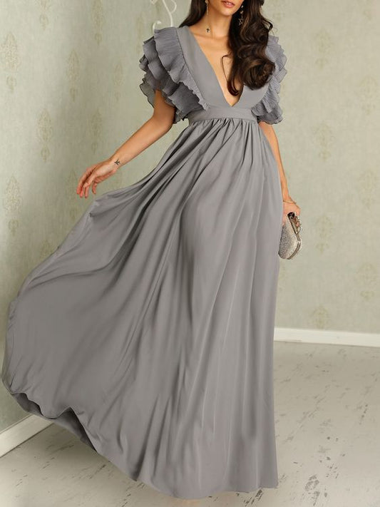 Anna -  Diepe V-hals Maxi-jurk Met Fonsmouwen