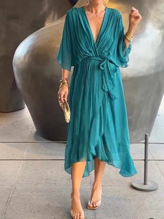 Pienza – midi-jurk van linnen met ceintuur en splitdetails