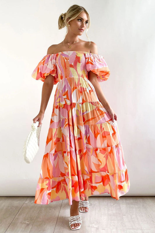 Mira - Maxi jurk roze met off-shoulder en elastische taille
