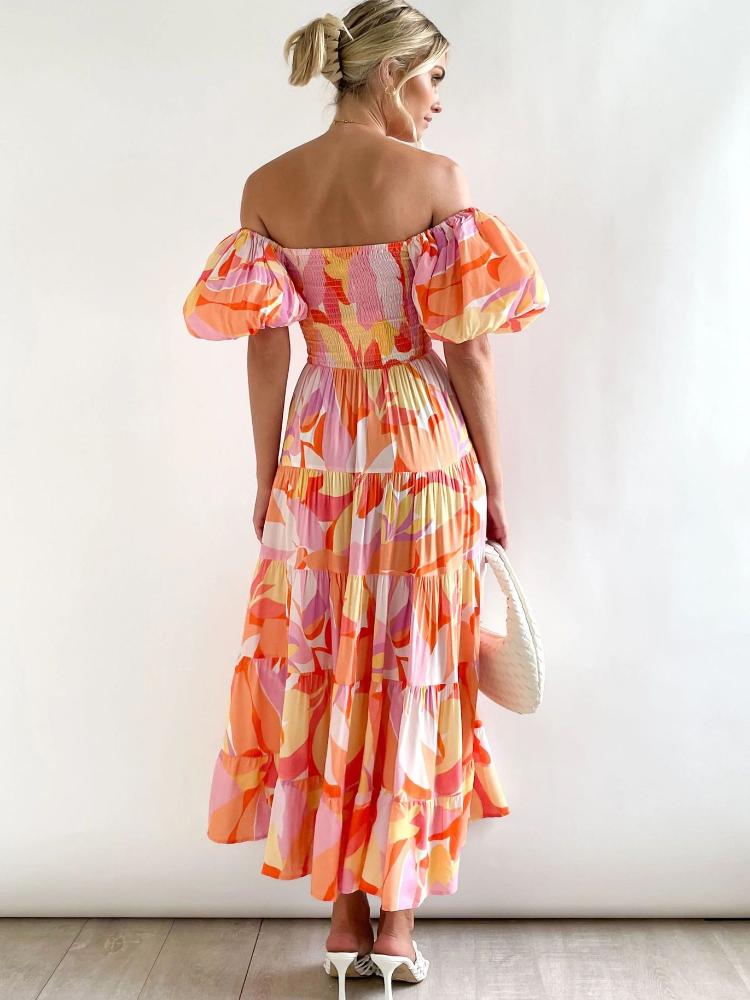Mira - Maxi jurk roze met off-shoulder en elastische taille