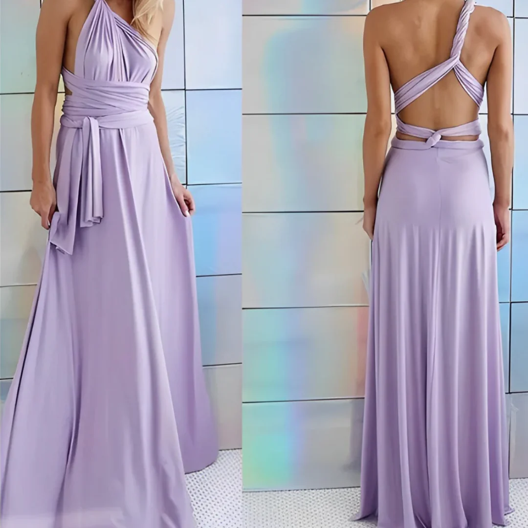 Soraya – Maxi-jurk met gekruiste halterrug soepele stof en strikdetail in de taille