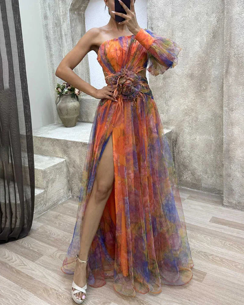 Elena – one-shoulder Maxi jurk met bloemenprint en verfijnde cut-out details