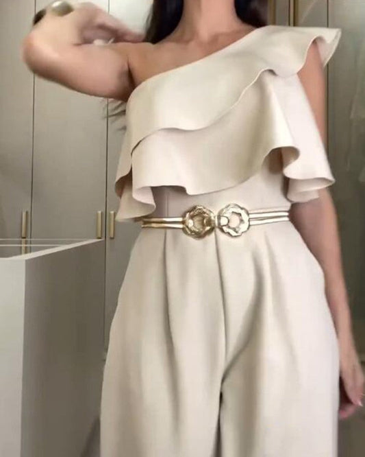 Sophia One-Shoulder Jumpsuit Met Ruches en Wijde Pijpen