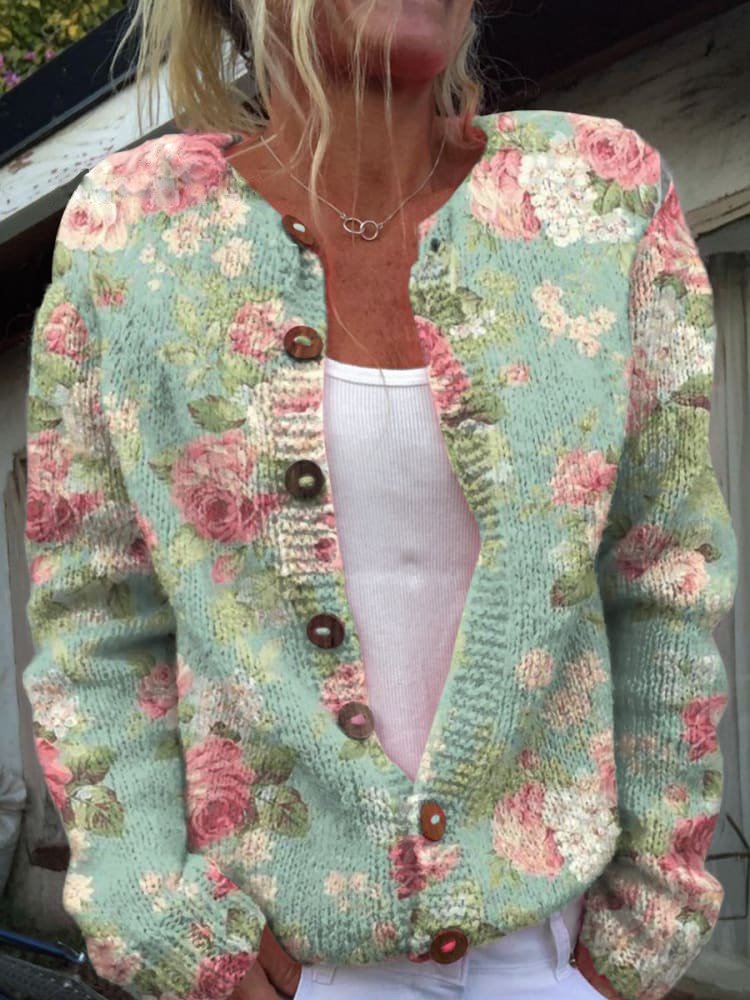Flora – Gebreide Cardigan Vest Met Bloemenpatroon En Knopen