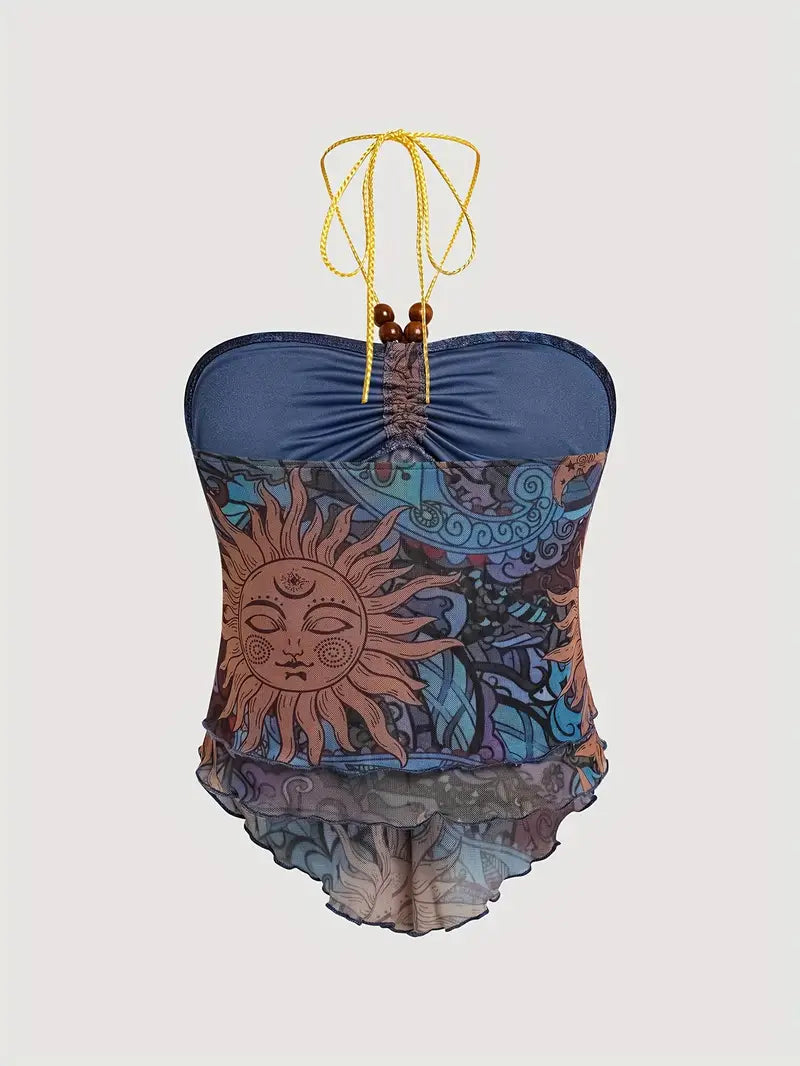 Luna – Haltertop met bohemian zonneprint en zakdoekzoom