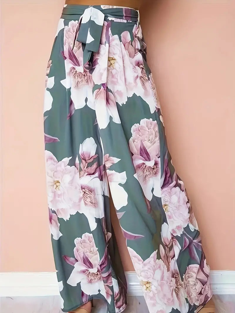 Aisling – Bloemenprint, hoge taille, wijde palazzo-broek met strikceintuur