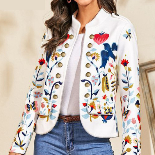 Alice – bedrukte damesblazer met double-breasted sluiting en lange mouwen