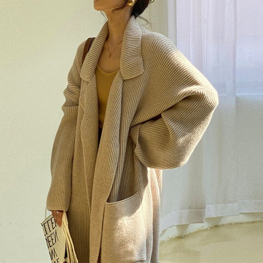 Lana – lange gebreide cardigan vest met ceintuur en reverskraag