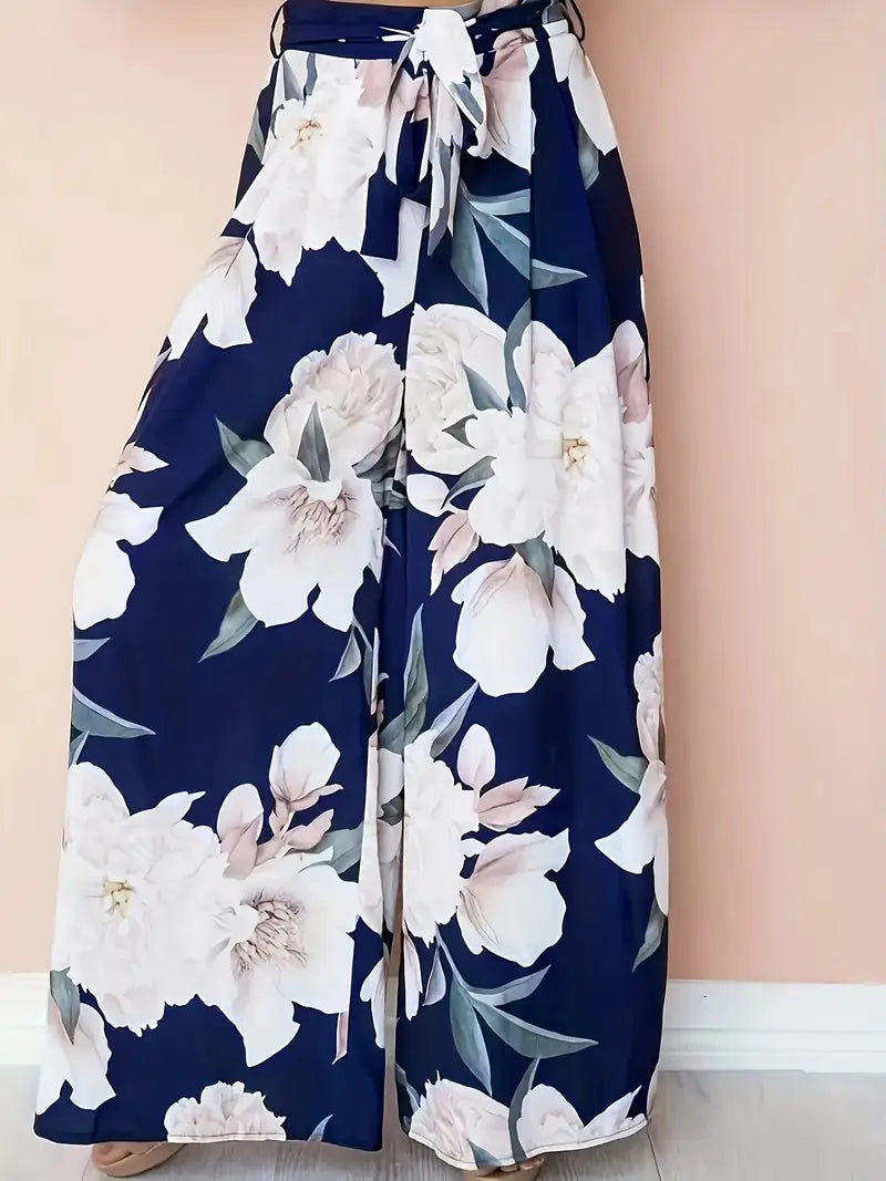 Aisling – Bloemenprint, hoge taille, wijde palazzo-broek met strikceintuur