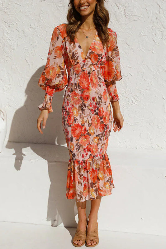 Latisha - gebloemde midi-jurk met gesmokte taille