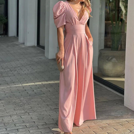 Noa – V-hals Jumpsuit met  pofmouwen en wijde pijpen