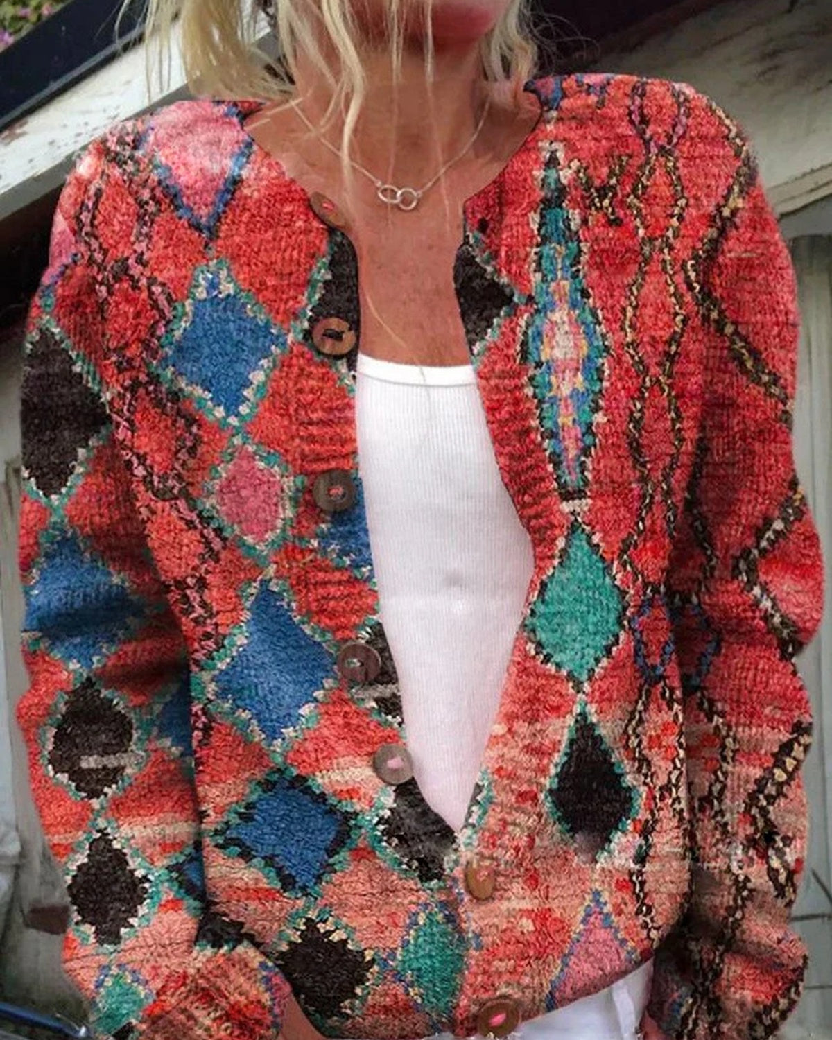 Flora – Gebreide Cardigan Vest Met Bloemenpatroon En Knopen