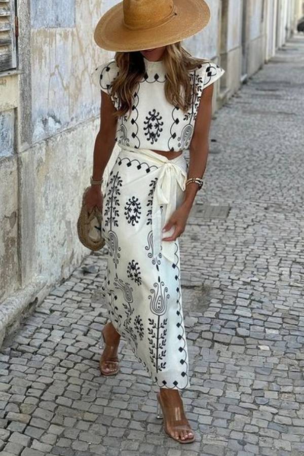 Dames set met ronde hals top en rechte midi rok