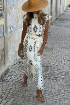 Dames set met ronde hals top en rechte midi rok