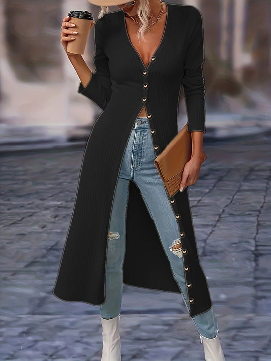 Mila – lange dames cardigan vest met knopen en V-hals