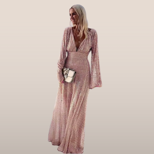 Amelie – Zomer maxi jurk met diepe V-hals en luxueuze flared mouwen