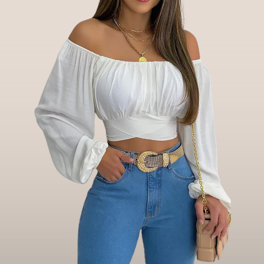 Luna – Off-shoulder crop top met ballonmouwen en geplooide borst