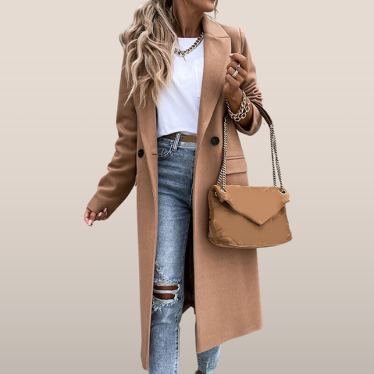 Elena – Lange Wollen Trenchcoat Met Revers En Dubbele Knopen