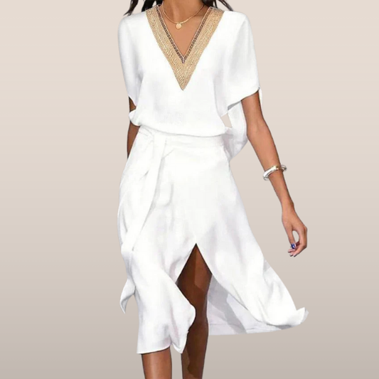 Elise – witte midi-jurk van viscose met V-hals en frontsplit