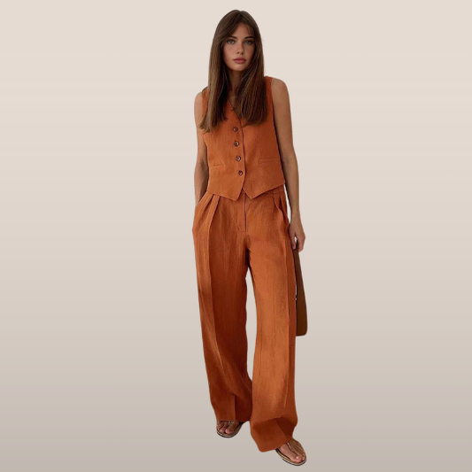 Luna – linnen set met mouwloos vest en wijde broek