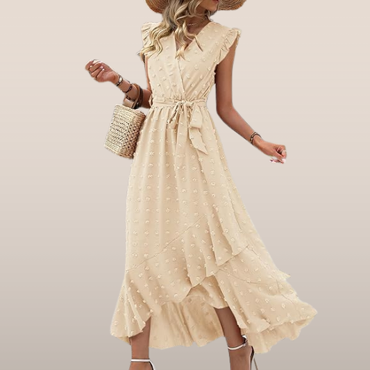 Elena – V-hals Maxi zomer jurk met ruches en strikceintuur in de taille