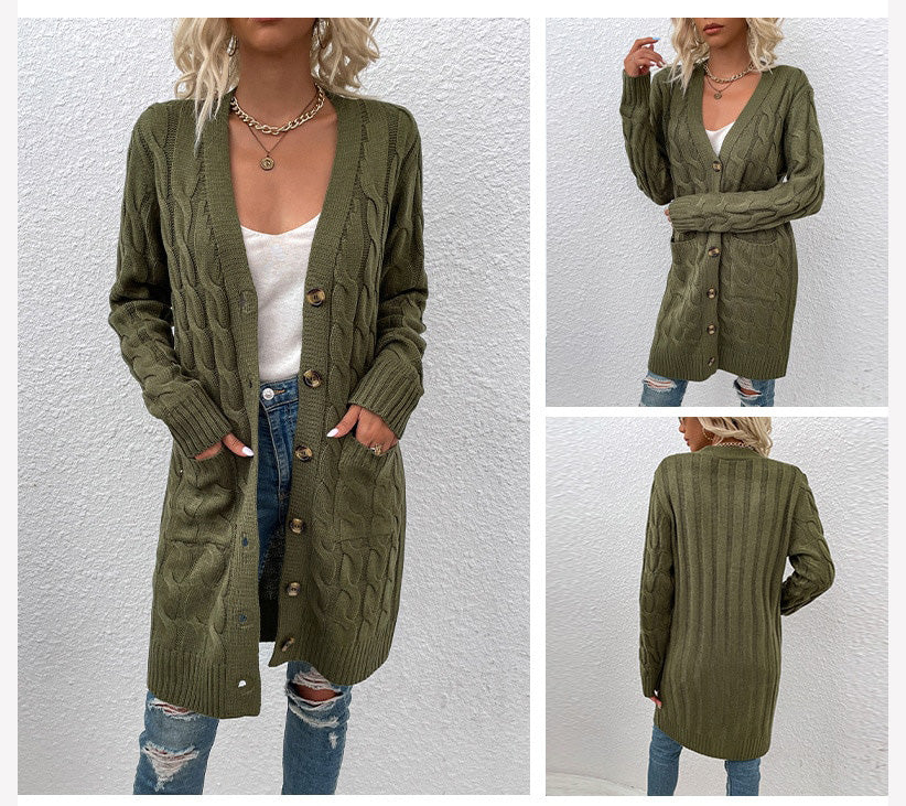 Noelle – lang dames cardigan vest van polyester met knoopsluiting en zakken
