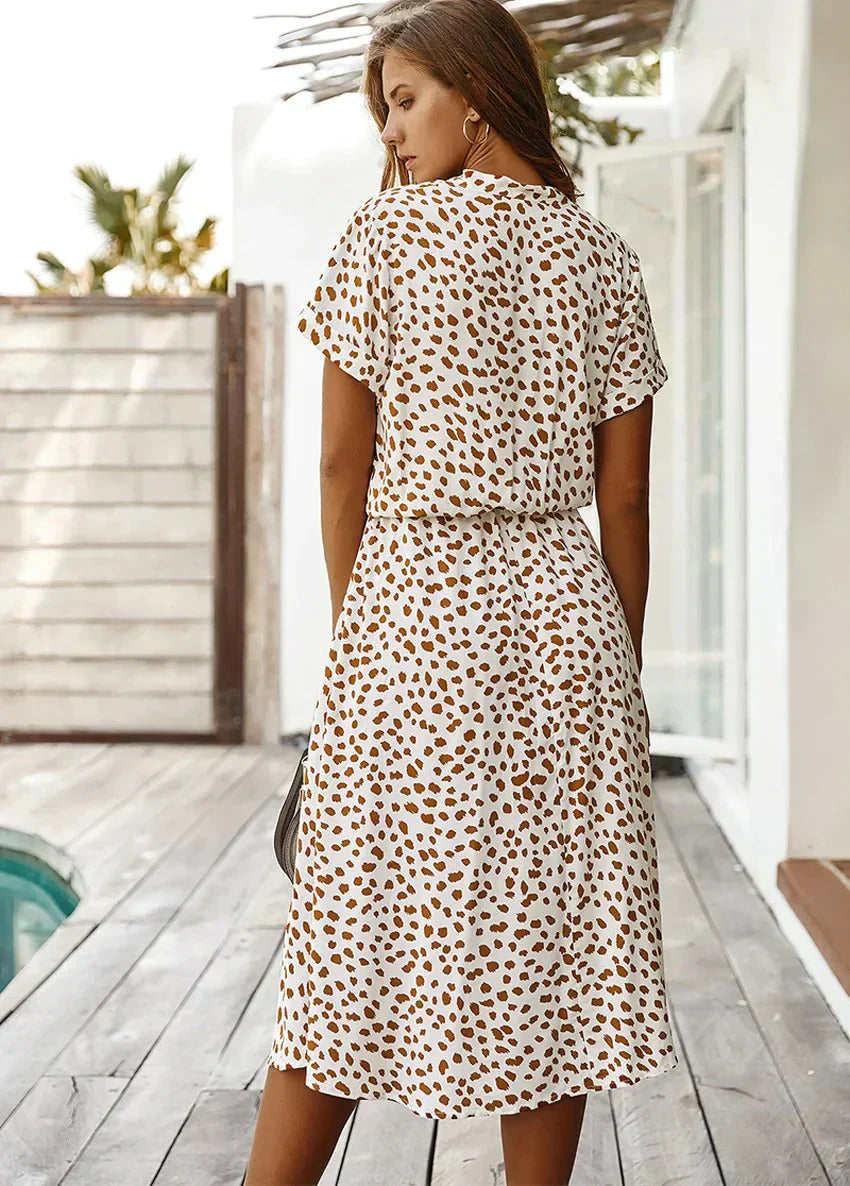 Elena – Getailleerde Katoenen Midi Zomer Jurk Met Stippen Print