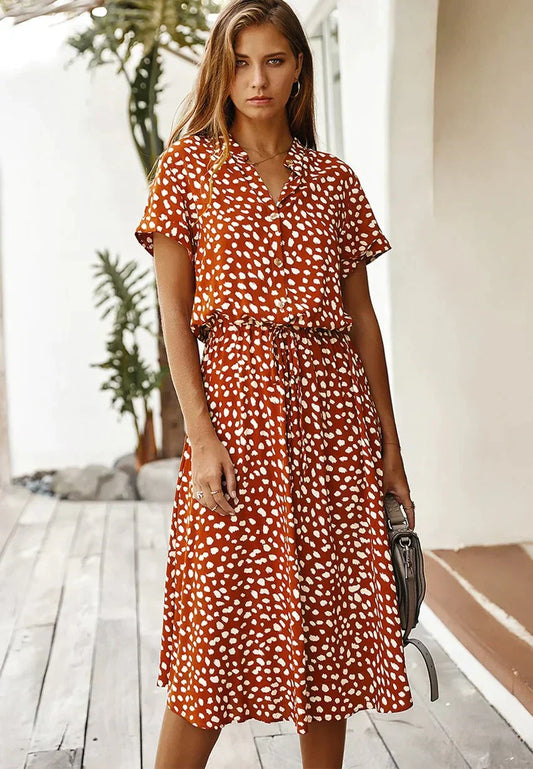 Elena – Getailleerde Katoenen Midi Zomer Jurk Met Stippen Print