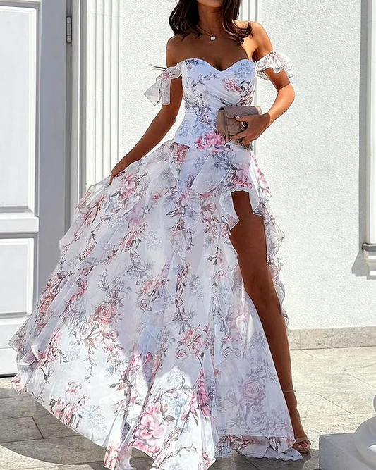 Sienna – maxi-jurk met abstracte bladprint en één schouderband
