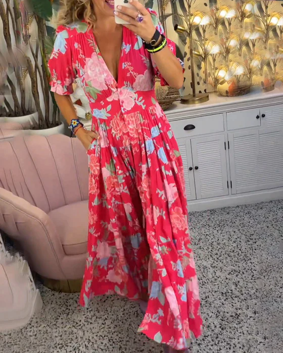 Giulia – Maxi jurk met Sicilische bloemprint en spaghetti bandje