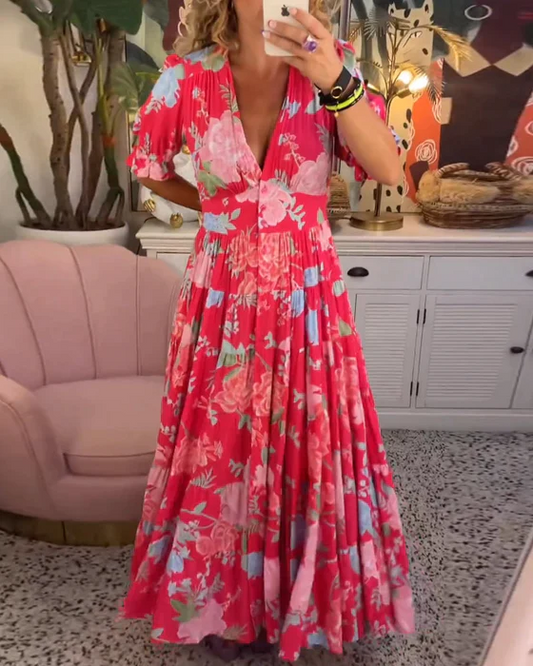Giulia – Maxi jurk met Sicilische bloemprint en spaghetti bandje