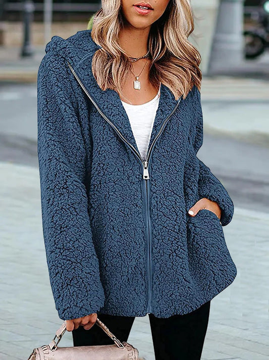 Yvonne - Warm Teddy Vest Blauw Met Capuchon