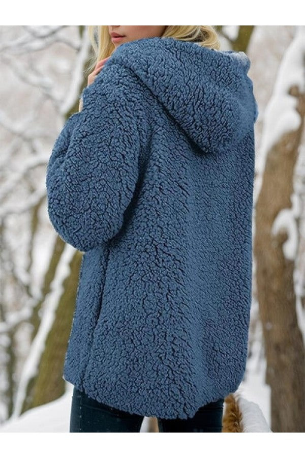 Yvonne - Warm Teddy Vest Blauw Met Capuchon