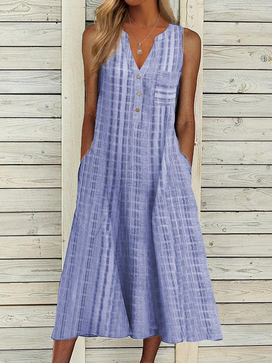 Tess – V-hals Mouwloze midi-jurk met knopen en zijzakken