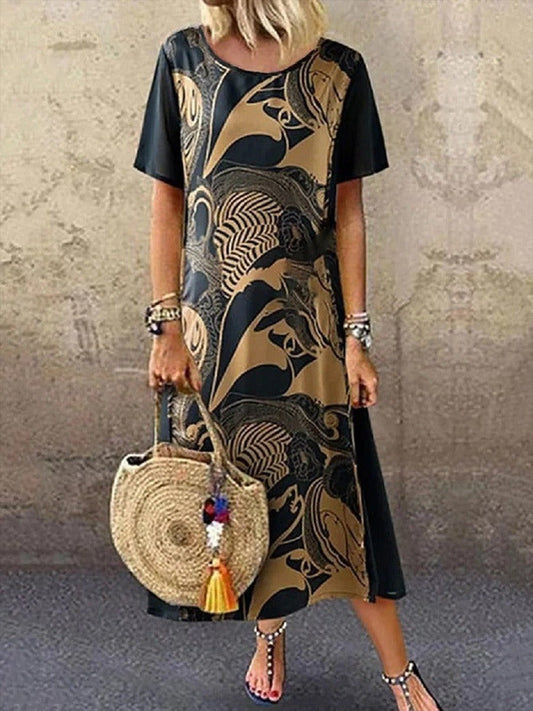 Dames midi-jurk – Relaxed fit – Ronde hals – Korte mouwen – Artistieke print