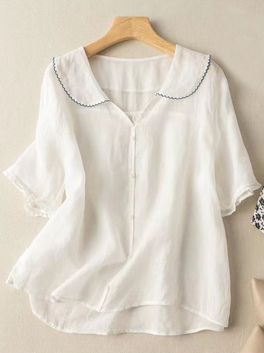 Fleur –  katoenen blouse met korte mouwen en poppenkraag