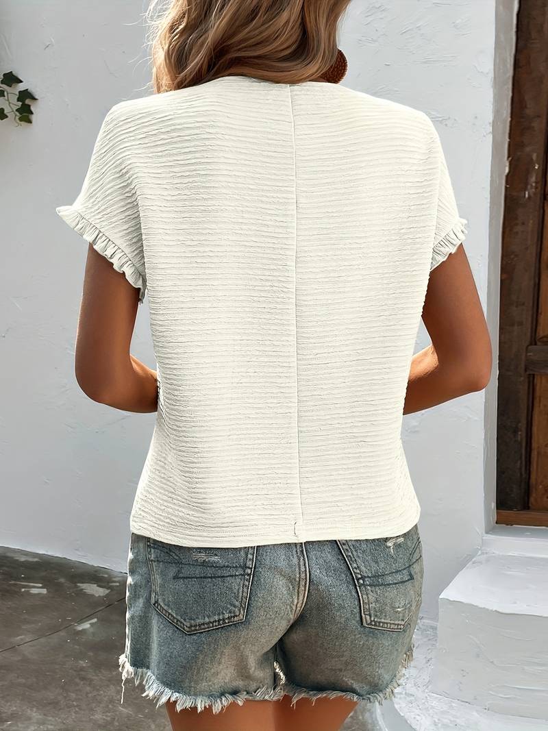 Rib top met ronde hals en korte mouwen met rucherand
