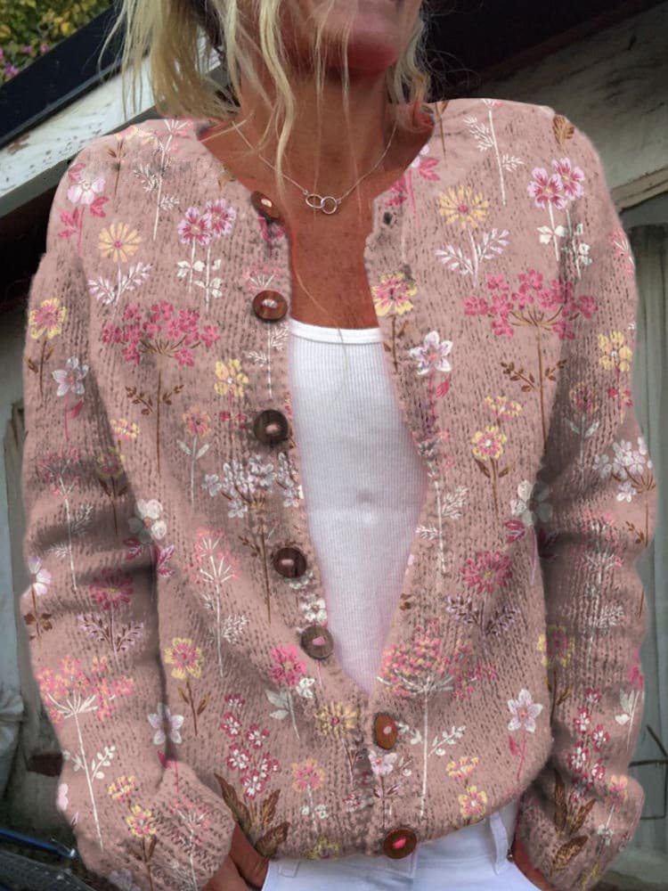 Flora – Gebreide Cardigan Vest Met Bloemenpatroon En Knopen
