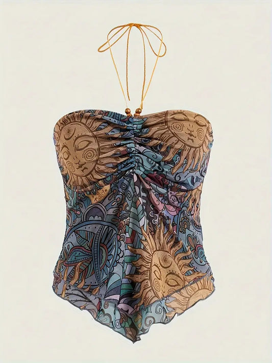 Luna – Haltertop met bohemian zonneprint en zakdoekzoom