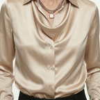Satijnen blouse met watervalhals en lange mouwen