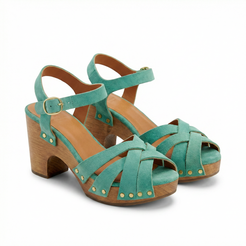 Blokhak sandalen met kruisbanden en enkelriem
