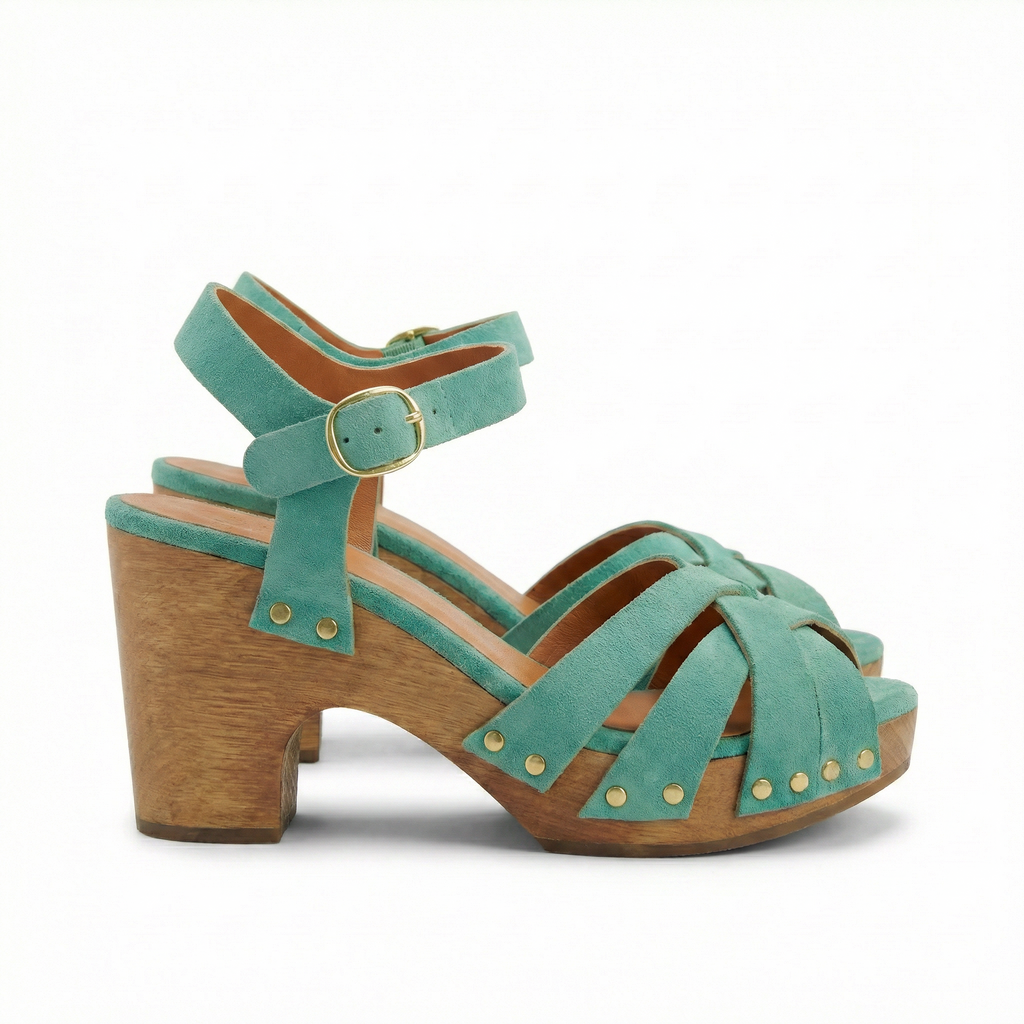 Blokhak sandalen met kruisbanden en enkelriem