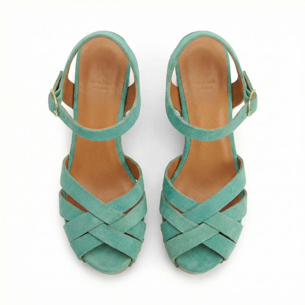 Blokhak sandalen met kruisbanden en enkelriem