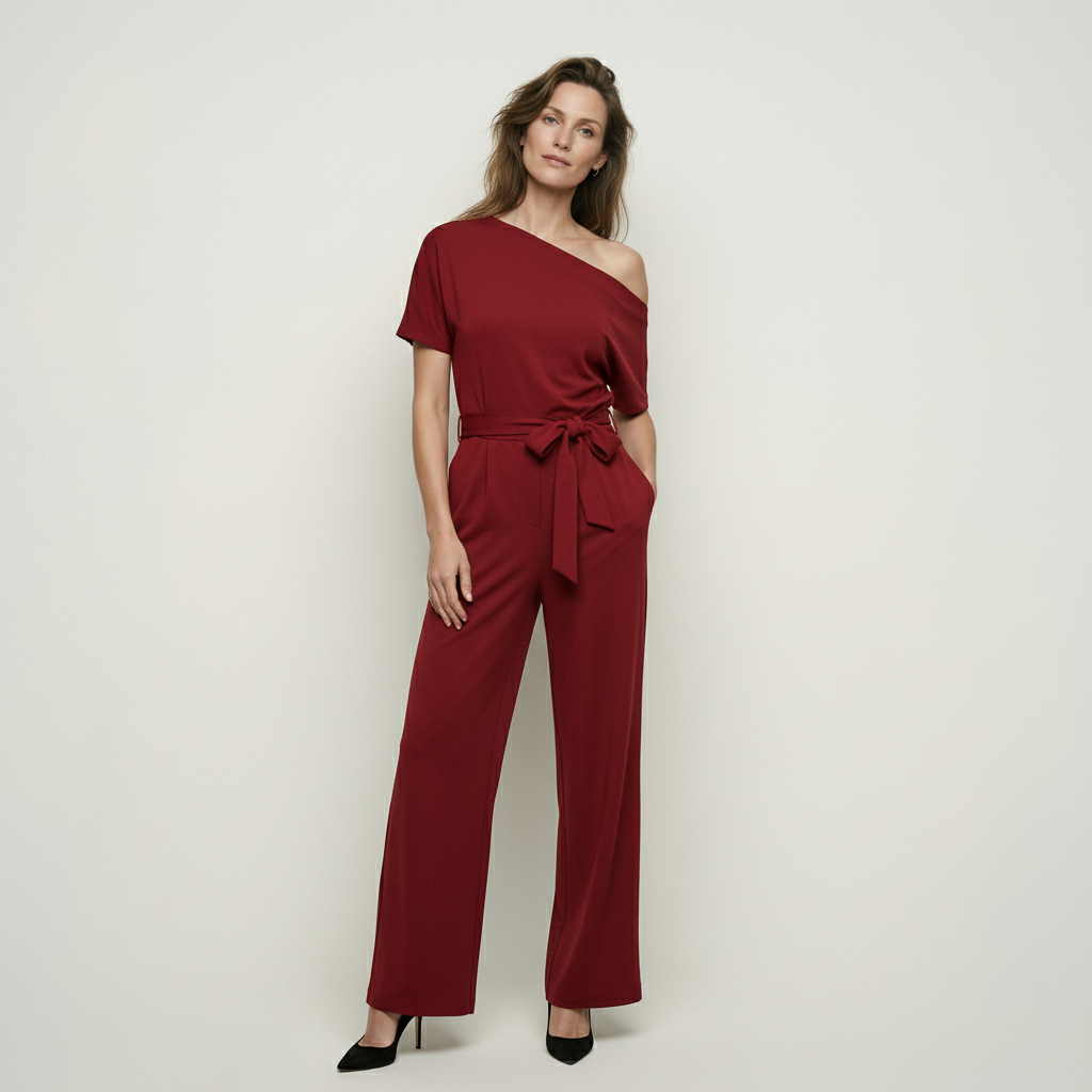 One shoulder jumpsuit met strikceintuur en wijde pijpen