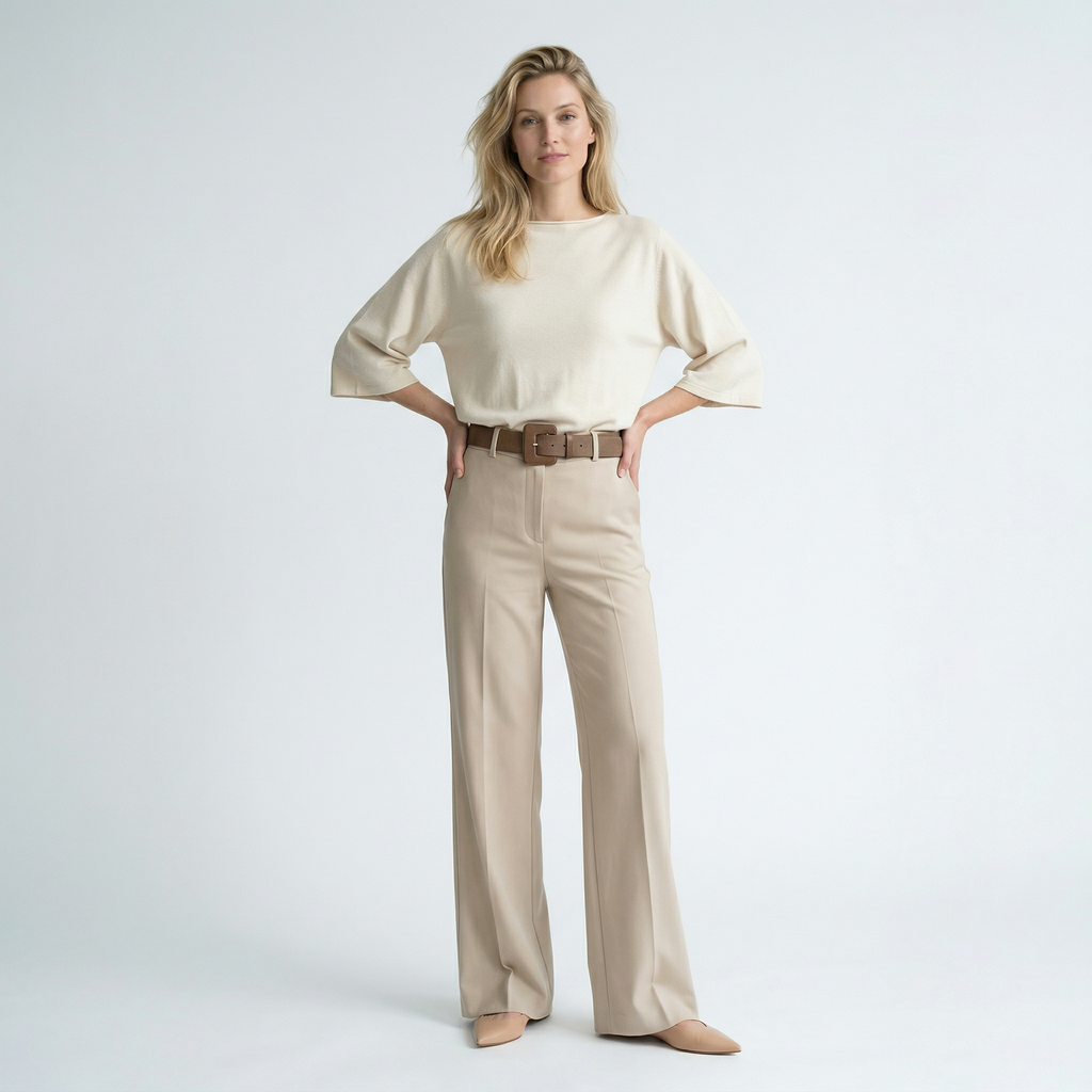 Dames set met ronde hals top en rechte wijde pantalon