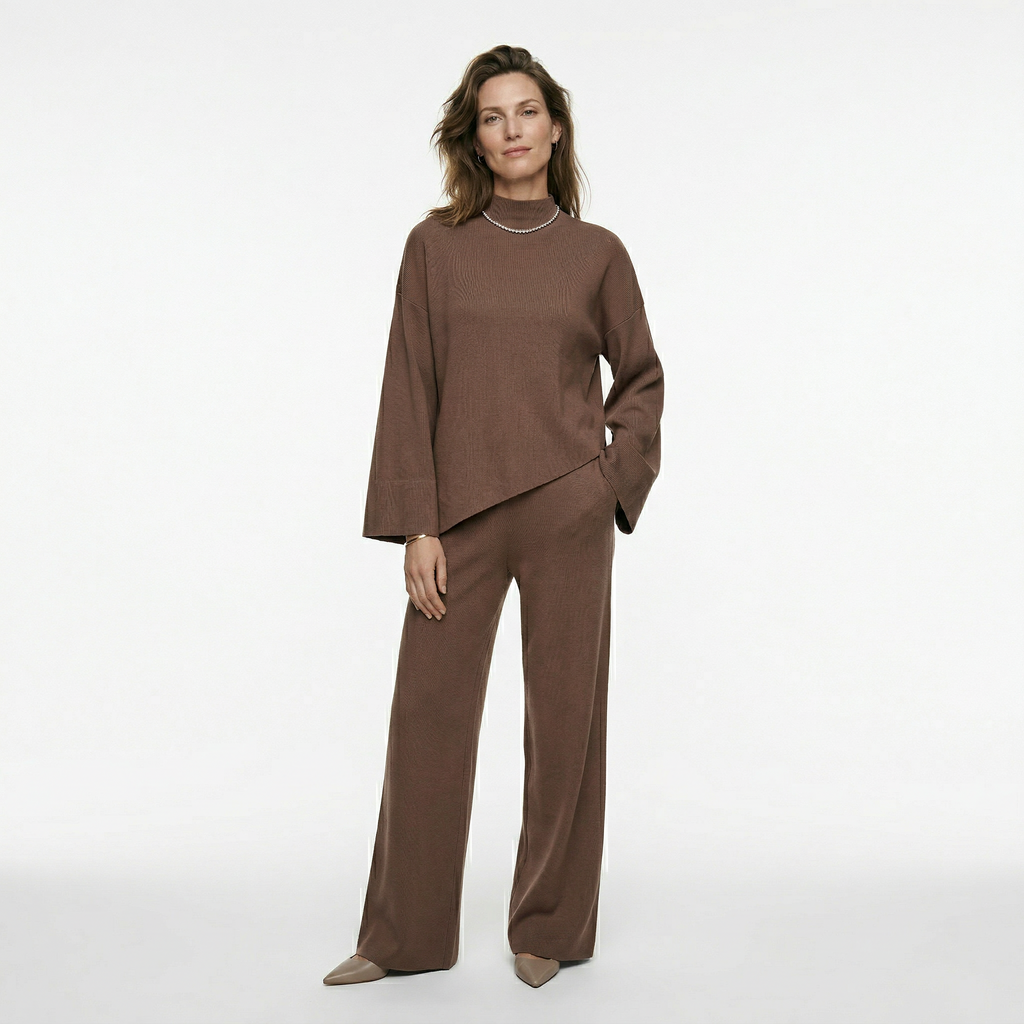 Dames set met ronde hals top en rechte wijde broek met hoge taille