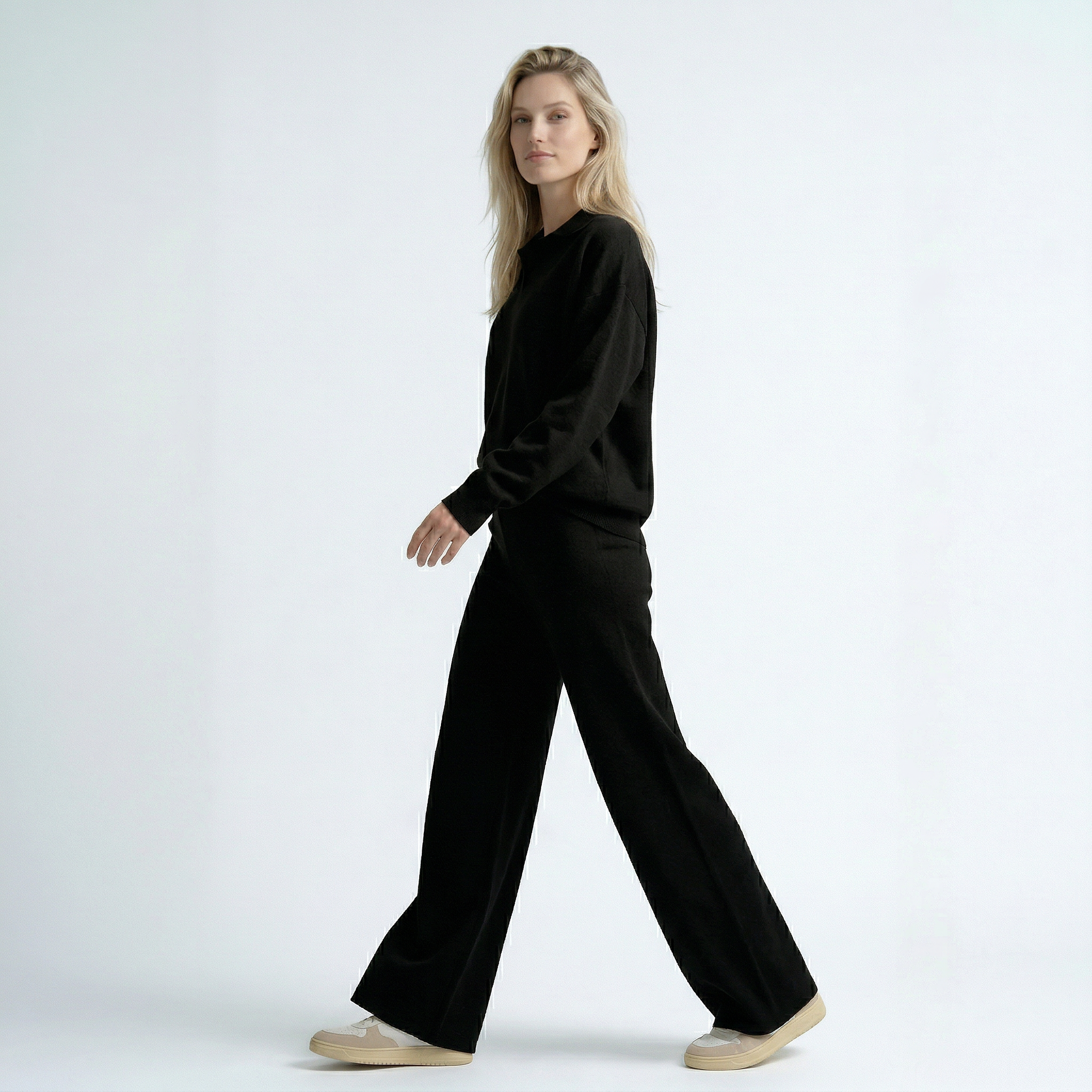 set met lange mouwen top en wide leg broek met hoge taille